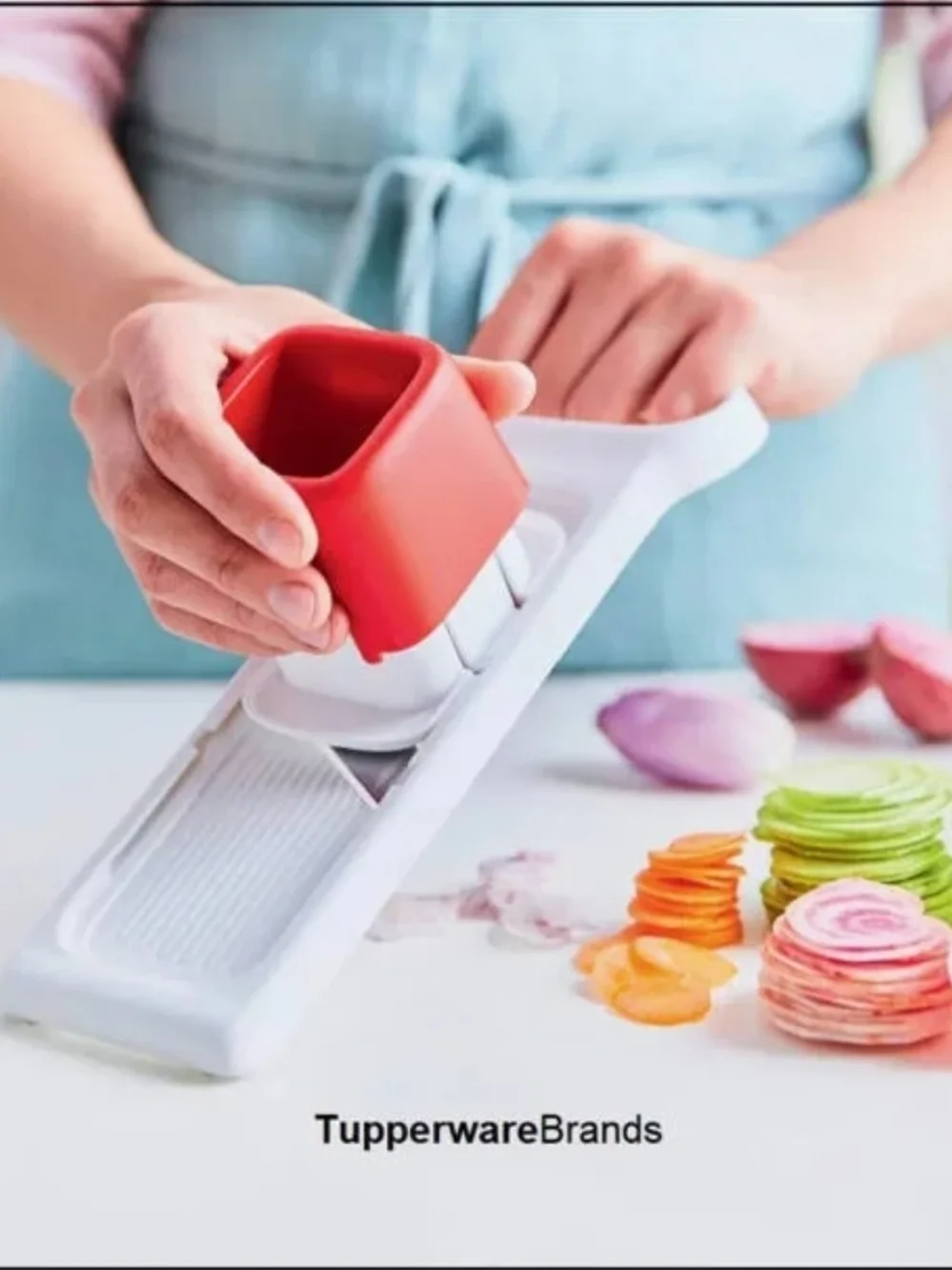 Tupperware Red Handheld Mandoline Slicer - Safe Food Holder Included